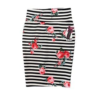 Silhouette NYC Pencil Skirt Black White Stripe Rose Floral‎ Knee Length XL NWT